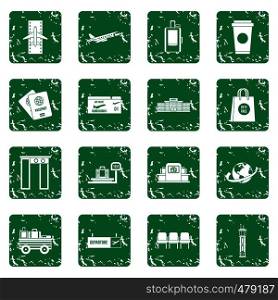 Airport icons set in grunge style green isolated vector illustration. Airport icons set grunge