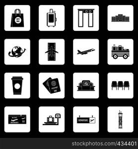 Airport icons set in white squares on black background simple style vector illustration. Airport icons set squares vector