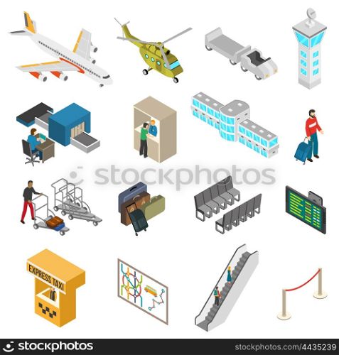 Airport Icons Set. Isometric icons set of different airport elements from airplane and terminal to passenger and taxi isolated vector illustration