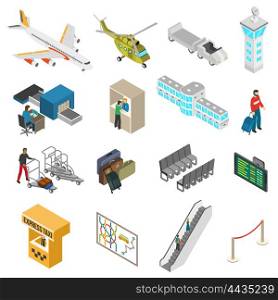 Airport Icons Set. Isometric icons set of different airport elements from airplane and terminal to passenger and taxi isolated vector illustration