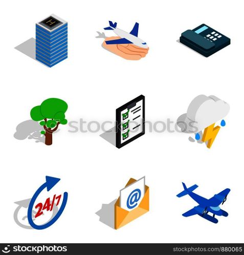 Airport icons set. Isometric set of 9 airport vector icons for web isolated on white background. Airport icons set, isometric style