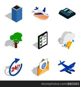 Airport icons set. Isometric set of 9 airport vector icons for web isolated on white background. Airport icons set, isometric style