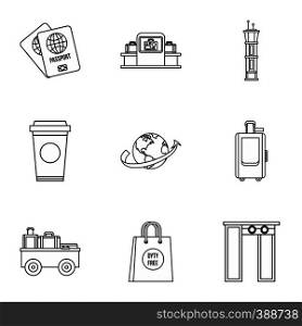 Airport icons set. Outline illustration of 9 airport vector icons for web. Airport icons set, outline style