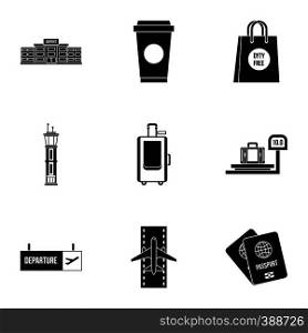 Airport icons set. Simple illustration of 9 airport vector icons for web. Airport icons set, simple style