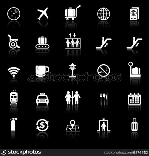 Airport icons with reflect on black background, stock vector
