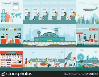 Airport infographic of Passenger airline at airport terminal with check in counter and security checkpoint, Airline interior with plane seat on the flight business travel vector illustration.