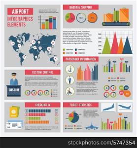 Airport infographics set with flying control elements charts and world map vector illustration
