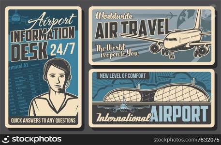 Airport information desk, airplane retro posters. Vector air traffic service operator with headset, airport building and plane or airplane of international airlines. Aircraft staff work, aviation. Airport information desk, airplane retro posters.