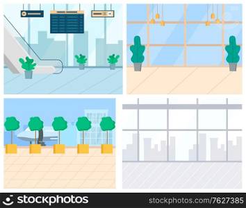 Airport interior. Escalator and information board, runway with plane and observation deck windows. Air travelling set of elements vector illustration. Airport Elements, Escalator and Runway Vector