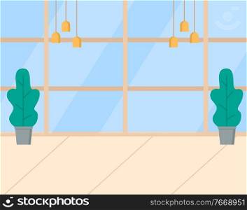 Airport interior. Observation deck, panoramic glass windows. Waiting lounge or departure hall with potted plants. Air traveling concept vector illustration. Observation Deck, Airport Interior Vector Image