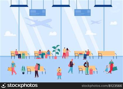 Airport interior with passengers waiting for flight. Characters sitting on seats inside airport, planes flying outside window flat vector illustration. Traveling, tourism, transport concept for banner