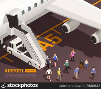 Airport isometric background with characters of people passing through airstairs truck with editable text and button vector illustration