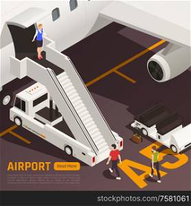 Airport isometric background with composition of aircraft airstairs truck and people with clickable button and text vector illustration