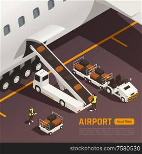 Airport isometric background with editable text and outdoor composition of conveyor truck loading bags to aircraft vector illustration