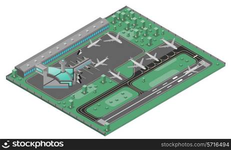 Airport isometric concept with airplanes runway and infrastructure icons set vector illustration