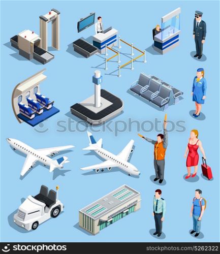 Airport Isometric Elements Set. Airport isometric people collection of isolated airport ground equipment and facilities airplane images and human characters vector illustration