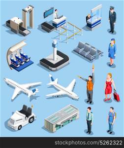 Airport Isometric Elements Set. Airport isometric people collection of isolated airport ground equipment and facilities airplane images and human characters vector illustration