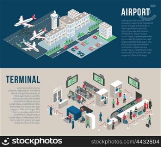 Airport Isometric Horizontal Banners. Airport isometric horizontal banners with parking hotel waiting hall front desk police detectors passengers isolated vector illustration
