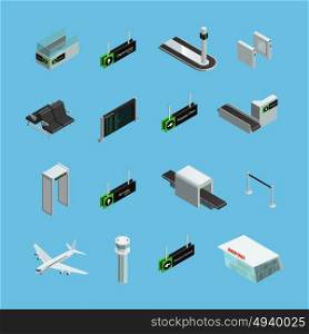 Airport Isometric Icons Set . International airport terminals signs services and facilities isometric icons set on sky blue background isolated vector illustration