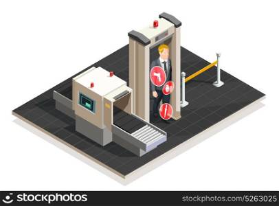 Airport Isometric Illustration. Plane passenger passes xray check at airport on white background 3d isometric vector illustration