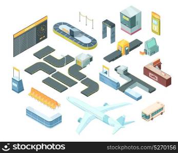 Airport Isometric Set. Airport isometric set with transportation, security system equipment, passport control booth, timetable, baggage carousel isolated vector illustration