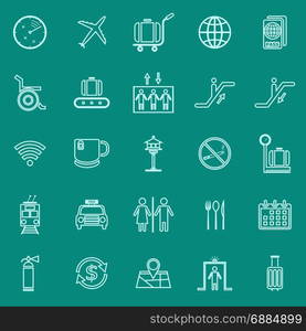 Airport line color icons on green background, stock vector