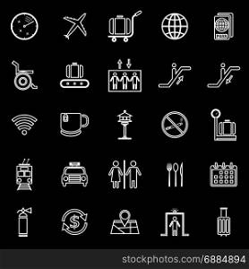 Airport line icons on black background, stock vector