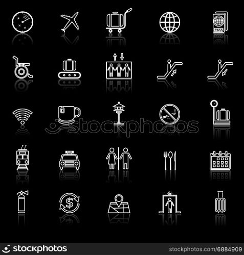 Airport line icons with reflect on black background, stock vector