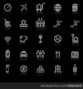 Airport line icons with reflect on black background, stock vector