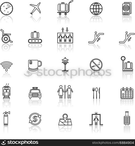 Airport line icons with reflect on white background, stock vector