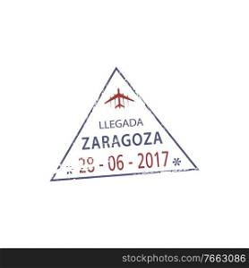 Airport Llegada Zaragoza arrival st&isolated triangle. Vector seal in passport, visa or immigration sign. Arrival st&to Spain Zaragoza airport visa sign