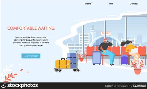 Airport Lounge Area Flat Vector Web Banner with Traveling with Baggage People, Freelancers in Business Trip Waiting Flight in Airport Terminal Illustration. Airline Services Landing Page Template