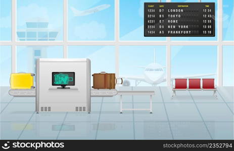 airport lounge with baggage scanner and scoreboard vector illustration