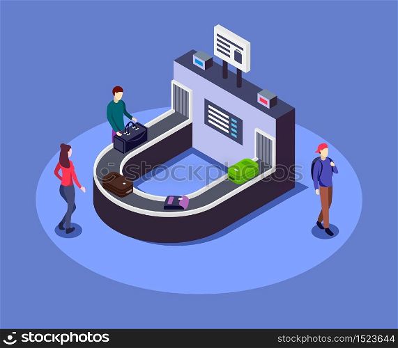 Airport luggage belt isometric color vector illustration. Luggage conveyor 3d concept isolated on blue background. Arriving travelers, passengers taking bags. Airline company service