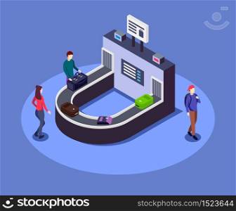 Airport luggage belt isometric color vector illustration. Luggage conveyor 3d concept isolated on blue background. Arriving travelers, passengers taking bags. Airline company service
