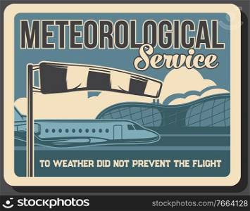 Airport meteorological and navigation service. Private jet, passenger business airplane and international airport flight terminal building, windsock vector. Airline or aviation industry retro banner. Airport meteorological service vector banner