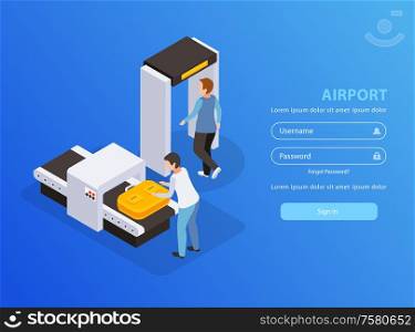 Airport mobile application with traveling and tourism symbols isometric vector illustartion