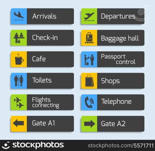 Airport navigation design signboard set with plane arrival departure passport and luggage control icons isolated vector illustration