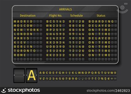 Airport or railway scoreboard. Display airport, info with schedule time, vector illustration. Airport or railway vector scoreboard