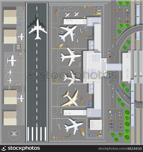 Airport passenger terminal top view. The runway of the aircraft. Buildings hangar for airplanes and helicopter landing pad. Railway station with train and parking with cars. Stock vector illustration. Airport passenger terminal