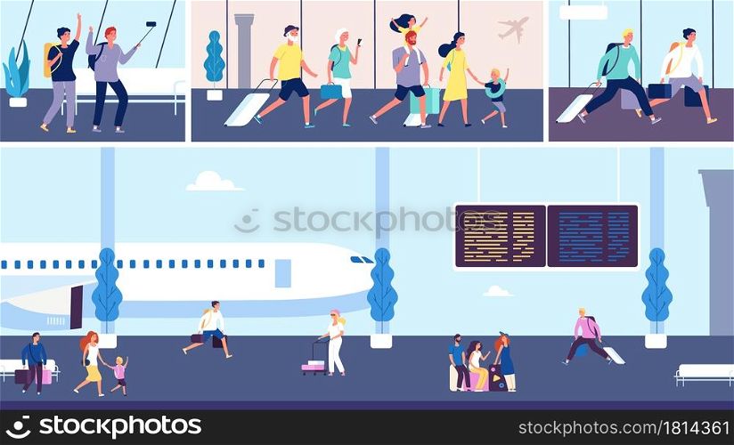 Airport passengers. Travellers in terminal, tourists with luggage going. Family vacations, man woman children and grandparents vector characters with bags. Family traveller with baggage illustration. Airport passengers. Travellers in terminal, tourists with luggage going to aircraft. Family vacations scenes, man woman children and grandparents vector characters with bags