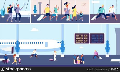Airport passengers. Travellers in terminal, tourists with luggage going. Family vacations, man woman children and grandparents vector characters with bags. Family traveller with baggage illustration. Airport passengers. Travellers in terminal, tourists with luggage going to aircraft. Family vacations scenes, man woman children and grandparents vector characters with bags