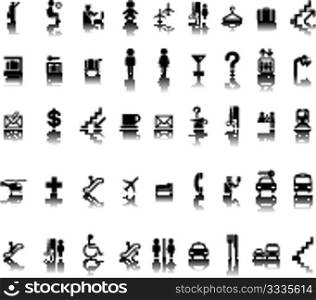 Airport pictogram set on stickers, isolated and grouped objects on white background