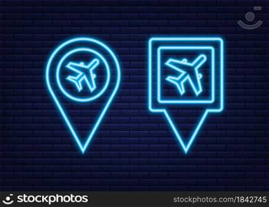 Airport pin for concept design. Pin point icon. Map symbol. Location, pointer icon symbol design . Neon icon. Airport pin for concept design. Pin point icon. Map symbol. Location, pointer icon symbol design . Neon icon.