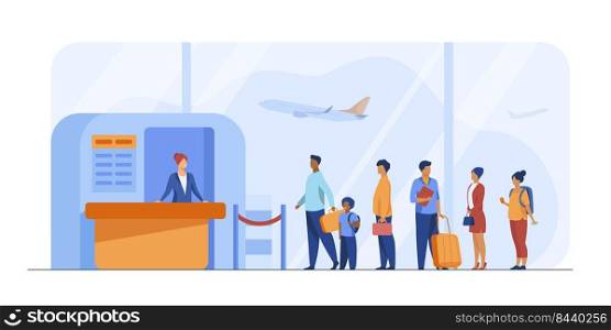Airport queue vector illustration. Line of tourists standing at check in desk. Flight passengers waiting for boarding to plane in departure area