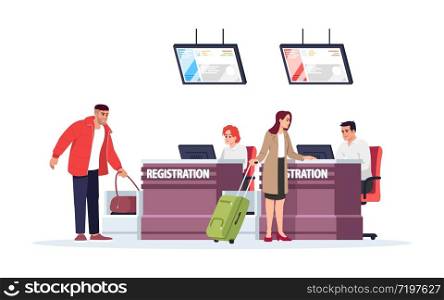 Airport registration desk semi flat RGB color vector illustration. Tourists checkin before flight. Security control for baggage. Travelers isolated cartoon character on white background