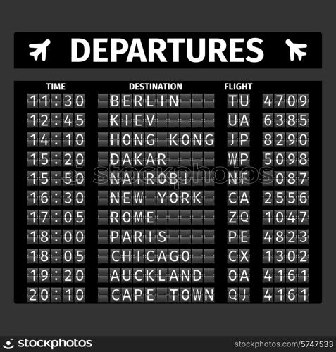 Airport retro analog departure board timetable travel background vector illustration