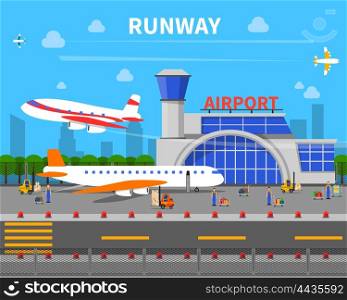 Airport Runway Illustration. Airport runway concept with planes and airport building flat vector illustration