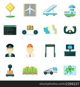 Airport safety custom service baggage scanner and passengers screening flat icons set abstract isolated vector illustration. Airport flat icons set