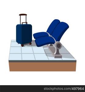 Airport seats and blue travel suitcase cartoon icon on a white background. Airport seats cartoon icon